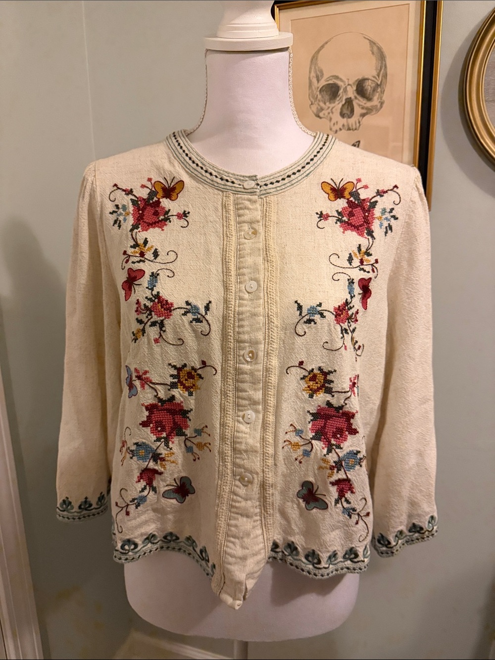 Solitaire Cream Button-Down Cardigan with Pink & Yellow Floral Embroidery
